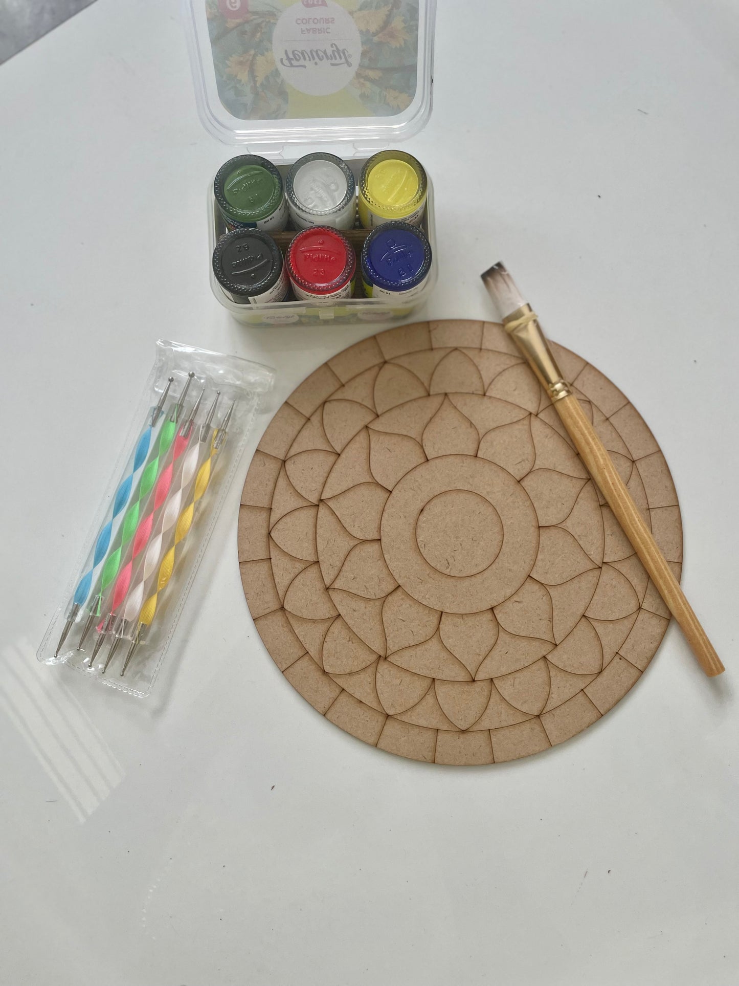 Paint Cafe Mandala dot painting pre marked art kit includes 8inch mdf board, paint, brush, dot tools.
