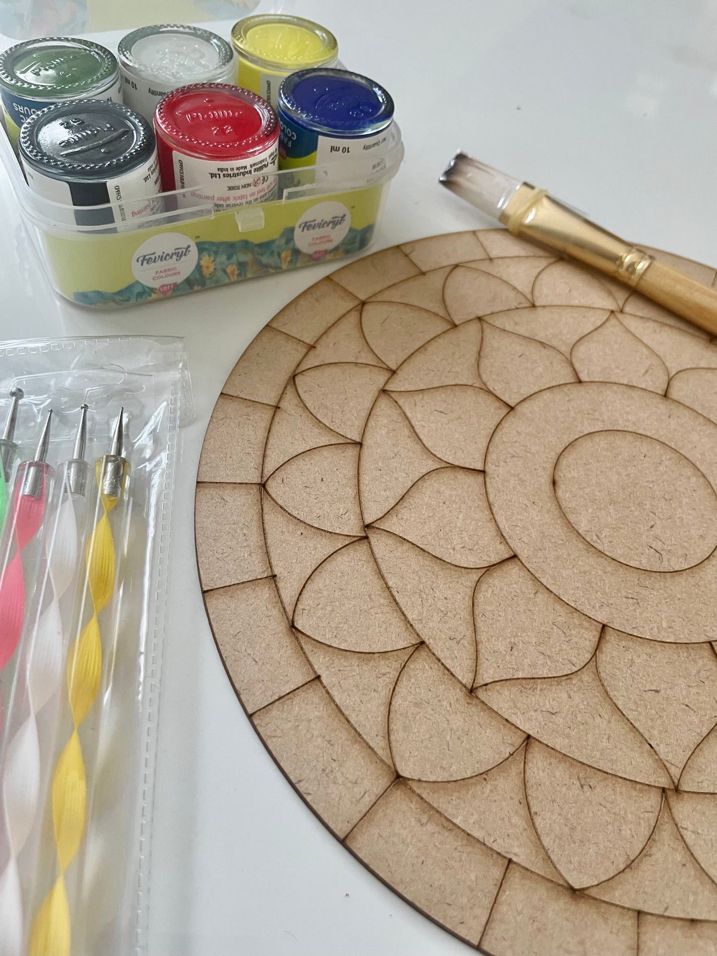 Paint Cafe Mandala dot painting pre marked art kit includes 8inch mdf board, paint, brush, dot tools.