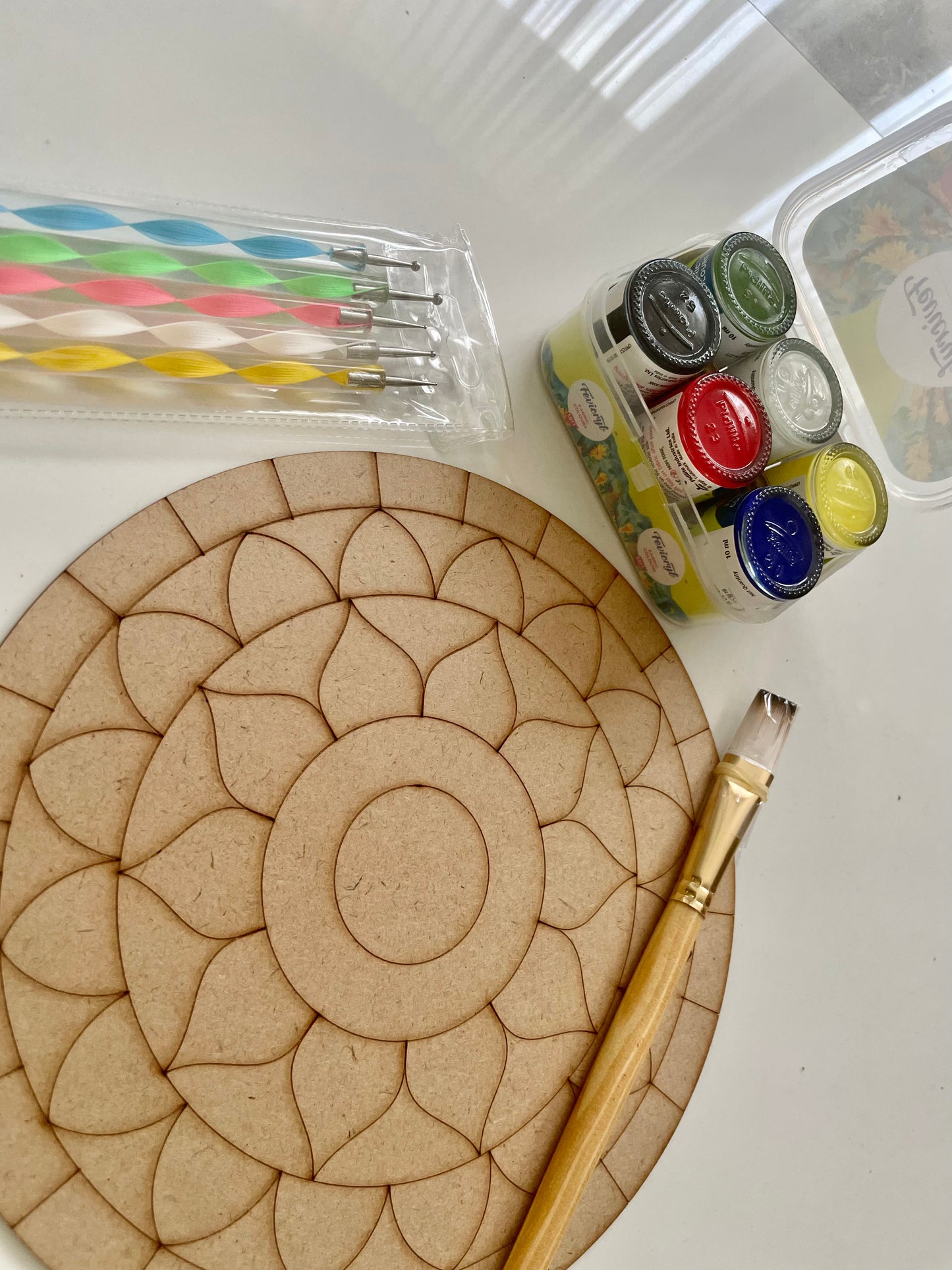 Paint Cafe Mandala dot painting pre marked art kit includes 8inch mdf board, paint, brush, dot tools.