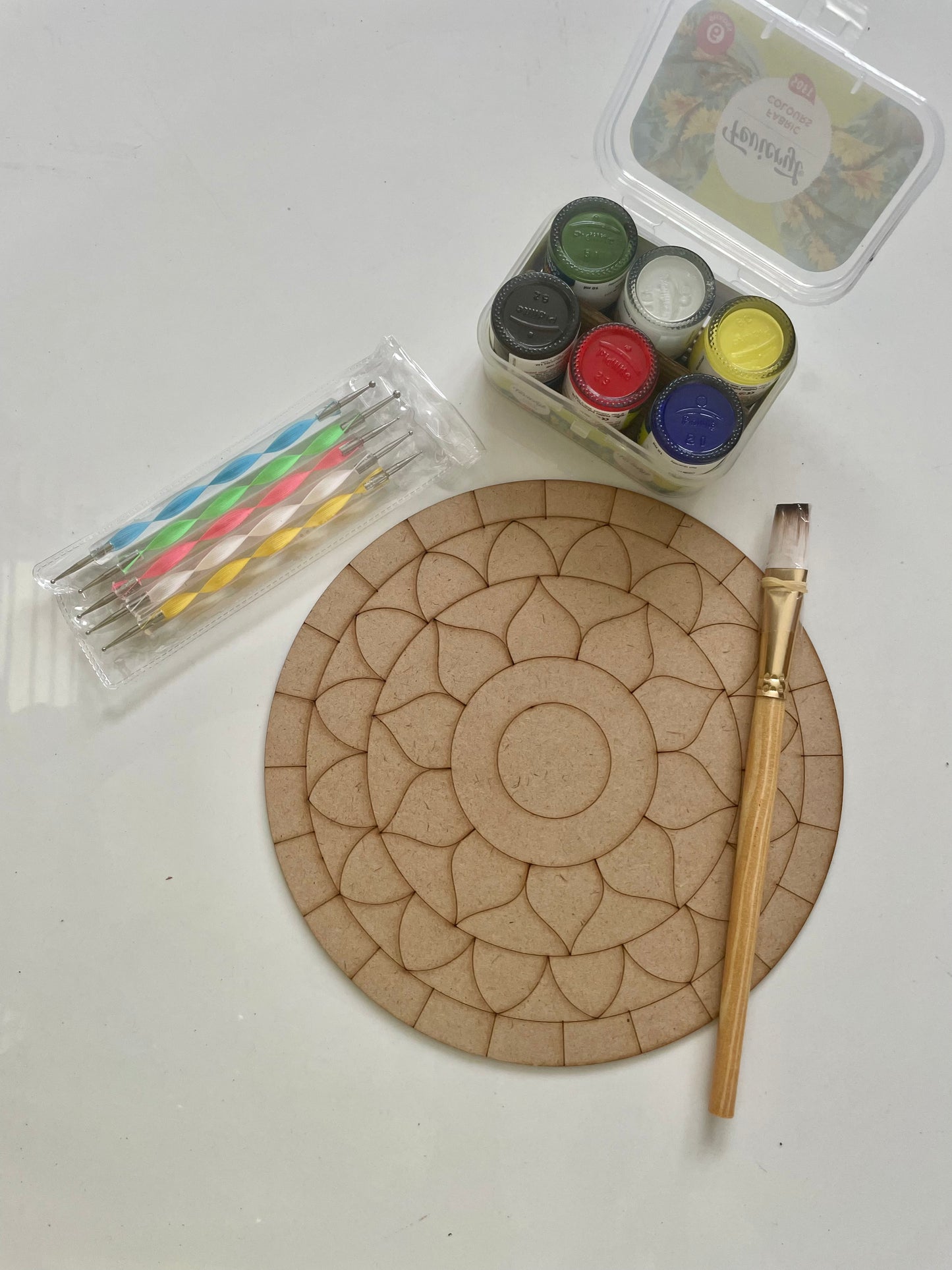 Paint Cafe Mandala dot painting pre marked art kit includes 8inch mdf board, paint, brush, dot tools.