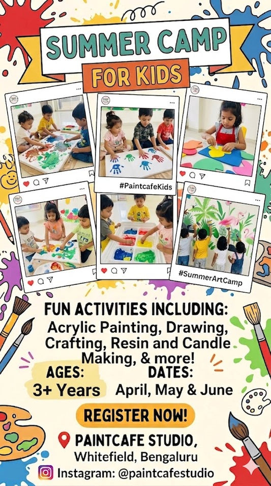 Summer camp for kids flyer with children painting and activities listed.